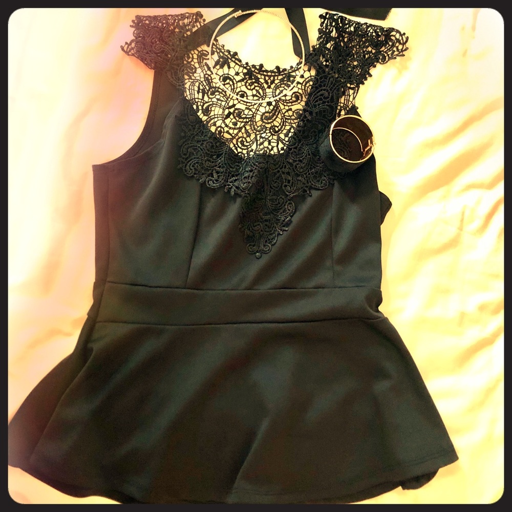 Black Lace Peplum Blouse w/ Ribbon Detail